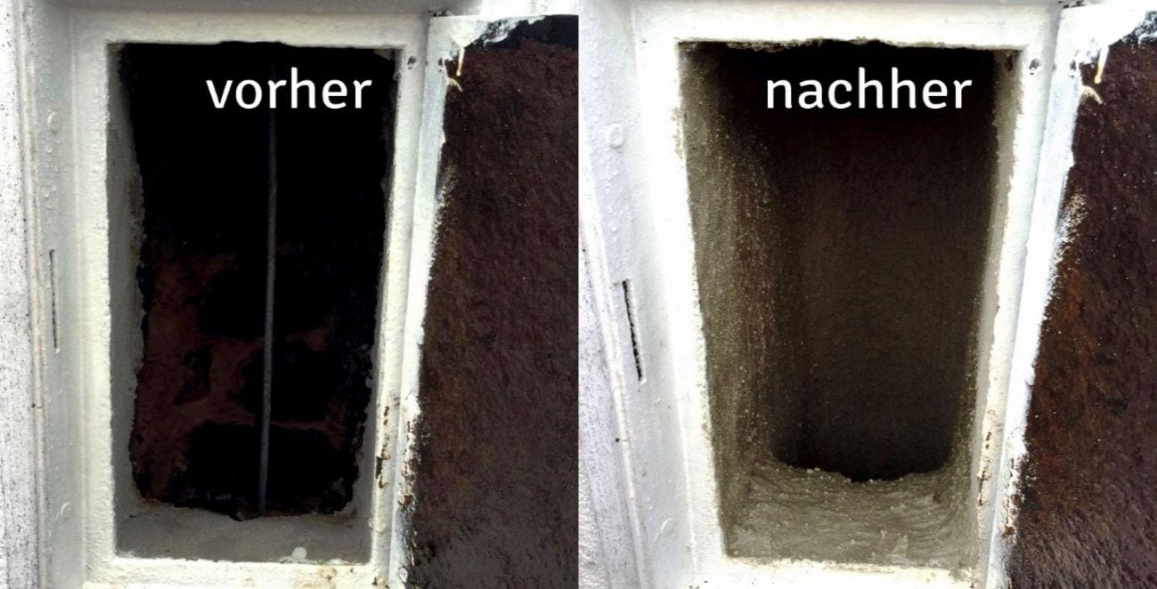 Vorher-Nachher-Vergleich desselben Rauchfangs an der Putztüröffnung